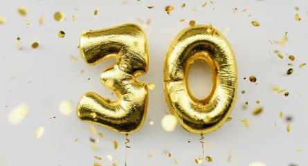 30 years old. Gold balloons number 30th anniversary, happy birthday congratulations, with falling confetti on white background- Stock Photo or Stock Video of rcfotostock | RC Photo Stock