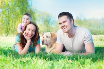 A cheerful family of three with their Labrador lying on green grass in a sunny park, enjoying quality time together surrounded by nature and bright trees- Stock Photo or Stock Video of rcfotostock | RC Photo Stock