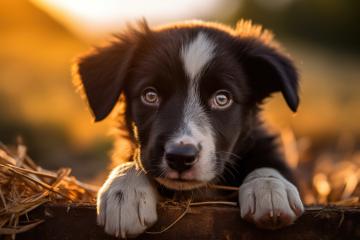 A close-up of a black and white puppy with deep, expressive eyes peering over a wooden log, surrounded by golden-hued lighting and straw in the background : Stock Photo or Stock Video Download rcfotostock photos, images and assets rcfotostock | RC Photo Stock.: