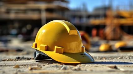 A close-up of a yellow safety helmet on a construction site, with blurred scaffolding and equipment in the background- Stock Photo or Stock Video of rcfotostock | RC Photo Stock