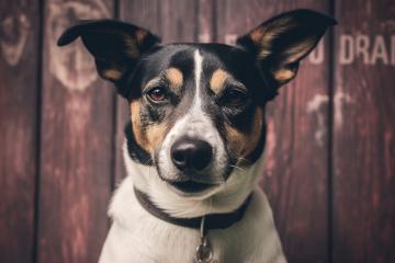 A close-up portrait of a tricolored dog with an intense gaze, set against a rustic wooden background with faintly visible letters- Stock Photo or Stock Video of rcfotostock | RC Photo Stock