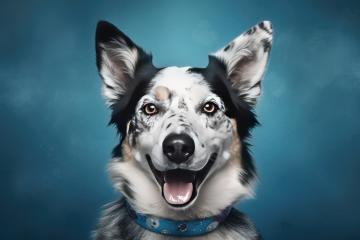 A close-up portrait of a vibrant dog with patchy fur colors, a bright blue collar, and a joyful expression against a teal background : Stock Photo or Stock Video Download rcfotostock photos, images and assets rcfotostock | RC Photo Stock.: