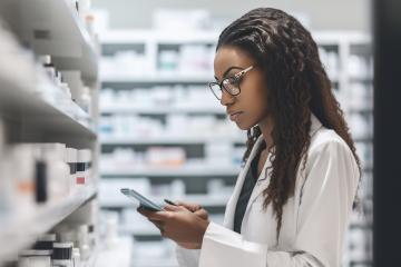A concentrated African-American pharmacist with glasses and curly hair uses a smartphone, standing in front of medicine shelves : Stock Photo or Stock Video Download rcfotostock photos, images and assets rcfotostock | RC Photo Stock.: