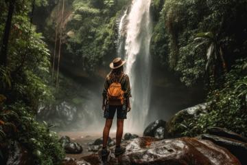 A female adventurer in a hat and backpack stands in awe before a majestic waterfall, surrounded by a lush tropical forest- Stock Photo or Stock Video of rcfotostock | RC Photo Stock