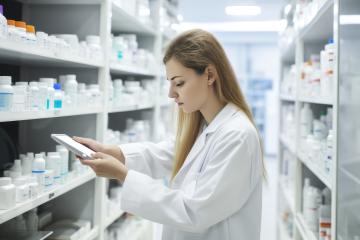 A focused female pharmacist in a white lab coat interacts with a tablet, with shelves of medicine bottles in the background- Stock Photo or Stock Video of rcfotostock | RC Photo Stock