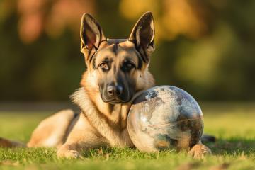 A German Shepherd dog lies gracefully on a sunlit grassy ground, gazing intently at the viewer, with a detailed globe nestled beside it, illuminated by the golden light- Stock Photo or Stock Video of rcfotostock | RC Photo Stock
