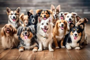 A lively group of diverse dogs, showcasing a variety of breeds, colors, and expressions, gathered together in front of a wooden backdrop, all appearing happy and excited- Stock Photo or Stock Video of rcfotostock | RC Photo Stock