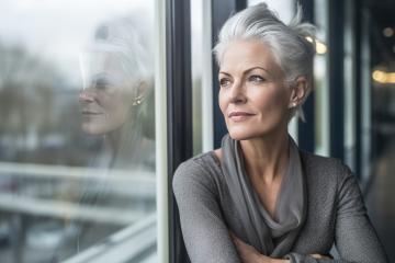 A mature woman with white hair looks contemplatively out a window, reflecting an urban scene, while wrapped in a gray shaw- Stock Photo or Stock Video of rcfotostock | RC Photo Stock