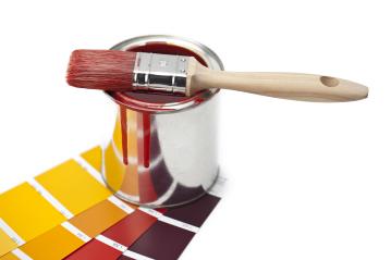 A paintbrush with red paint rests on a metal can, dripping paint onto vibrant yellow, red, and orange color swatches arranged below : Stock Photo or Stock Video Download rcfotostock photos, images and assets rcfotostock | RC Photo Stock.: