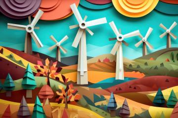 A vibrant, layered papercraft landscape showcasing wind turbines on colorful rolling hills, adorned with trees, under a multicolored sky- Stock Photo or Stock Video of rcfotostock | RC Photo Stock