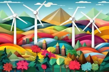 A vivid, three-dimensional papercraft depiction of wind turbines, colorful rolling hills, geometric mountains, and blooming flowers under a cloud-filled sky- Stock Photo or Stock Video of rcfotostock | RC Photo Stock