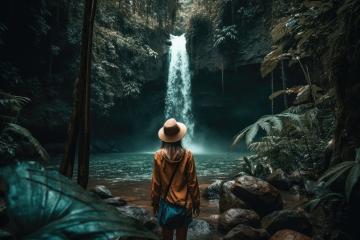 A woman in a hat and jacket stands captivated by a breathtaking waterfall amidst a dark, verdant tropical forest, with mist hovering over the water's surface : Stock Photo or Stock Video Download rcfotostock photos, images and assets rcfotostock | RC Photo Stock.: