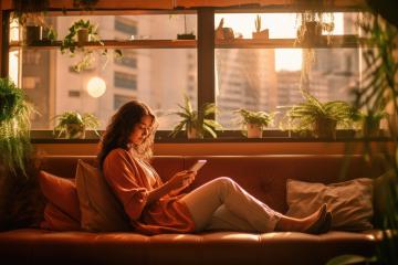A woman relaxes on a leather sofa near a window filled with potted plants, bathed in warm sunlight, while looking at her phone- Stock Photo or Stock Video of rcfotostock | RC Photo Stock