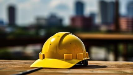 A yellow safety helmet rests on a wooden surface with a blurred cityscape comprising tall buildings and bridges in the background- Stock Photo or Stock Video of rcfotostock | RC Photo Stock