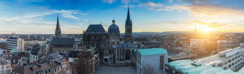 Aachen city panorama with Cathedral (Dom) at sunset : Stock Photo or Stock Video Download rcfotostock photos, images and assets rcfotostock | RC-Photo-Stock.: