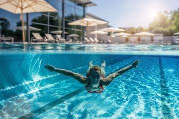 Above and underwater photo of a woman swimming in swimming pool at a hotel or spa resort - Stock Photo or Stock Video of rcfotostock | RC Photo Stock