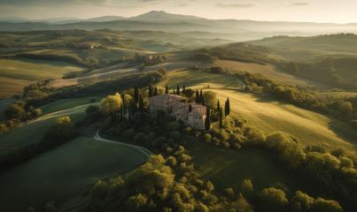 Aerial view of a villa amidst rolling hills during sunset- Stock Photo or Stock Video of rcfotostock | RC Photo Stock