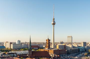 Aerial view of Berlin skyline with famous TV tower in beautiful evening light at sunset, Germany- Stock Photo or Stock Video of rcfotostock | RC-Photo-Stock
