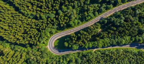 Aerial view of mountain curve road with cars, green forest in spring in Europe. Landscape with asphalt road, and trees. Highway through the park. Top view from flying drone.- Stock Photo or Stock Video of rcfotostock | RC-Photo-Stock