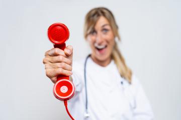 Amazing cute crazy Female Doctor Holding Telephone Receiver to call consult patient in case of illness - Stock Photo or Stock Video of rcfotostock | RC-Photo-Stock