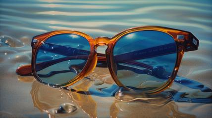 Amber sunglasses on water with wavy reflections and droplets- Stock Photo or Stock Video of rcfotostock | RC Photo Stock