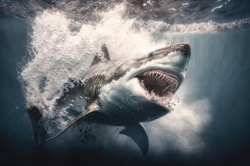 an adult great shark with a large mouth and many sharp teeth underwater, swimming on the hunt, fictional place and shark species (Generative AI)- Stock Photo or Stock Video of rcfotostock | RC Photo Stock