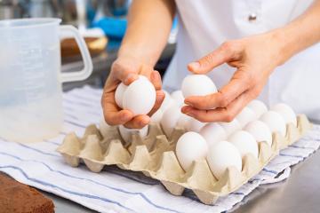Baker selecting eggs from a carton in a bakery, preparing ingredients for baking in a professional kitchen environment : Stock Photo or Stock Video Download rcfotostock photos, images and assets rcfotostock | RC Photo Stock.: