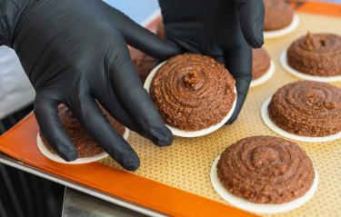 baker wearing black gloves carefully handles gingerbread dough piped onto a round wafer, arranging the treats on a silicone baking mat in preparation for baking- Stock Photo or Stock Video of rcfotostock | RC Photo Stock