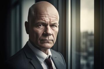 Bald man in a dark suit by a window, with an intense gaze- Stock Photo or Stock Video of rcfotostock | RC Photo Stock