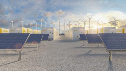 Battery storage power station accompanied by solar and wind turbine power plants. New Energy concept image- Stock Photo or Stock Video of rcfotostock | RC Photo Stock