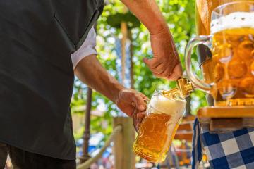 Bavarian man in apron is pouring a large lager beers in tap from wooden beer barrel in the beer garden. Background for Oktoberfest or Wiesn, folk or beer festival- Stock Photo or Stock Video of rcfotostock | RC Photo Stock