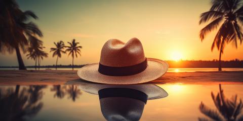 Beach sunset with Sun hat and palm tree reflections, tranquil se : Stock Photo or Stock Video Download rcfotostock photos, images and assets rcfotostock | RC Photo Stock.:
