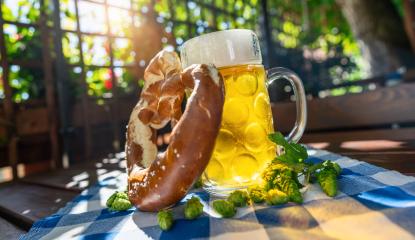 Beer mug with fresh pretzel or brezen and hops at Oktoberfest, Munich, Germany- Stock Photo or Stock Video of rcfotostock | RC Photo Stock