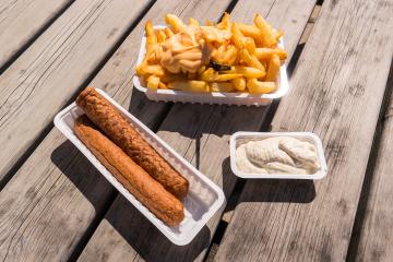 Belgian Fries with Sauce Andalouse and frikandel- Stock Photo or Stock Video of rcfotostock | RC Photo Stock