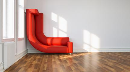 bended red Sofa bent to wall as a solution to space problem in a too small space - Stock Photo or Stock Video of rcfotostock | RC Photo Stock