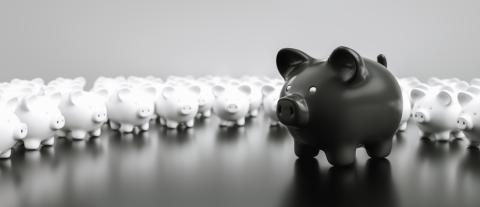 Big yellow piggy bank with small white piggy banks, banner size- Stock Photo or Stock Video of rcfotostock | RC-Photo-Stock