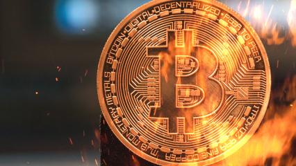Bitcoin - bit coin BTC cryptocurrency money burning in flames and fire sparkles- Stock Photo or Stock Video of rcfotostock | RC Photo Stock