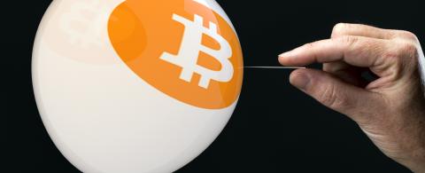 bitcoins - bit coin BTC the new virtual money on balloon with needle in hand before burst- Stock Photo or Stock Video of rcfotostock | RC-Photo-Stock