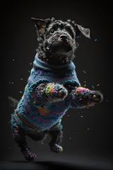 Black jork terrier jumping in colorful sewater in confetti on a Party (Generative AI)- Stock Photo or Stock Video of rcfotostock | RC Photo Stock