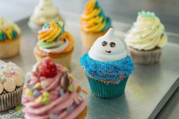 Blue, pink and white cup cake on a blue background for birthday or halloween in confectionery  : Stock Photo or Stock Video Download rcfotostock photos, images and assets rcfotostock | RC Photo Stock.: