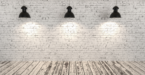 brick concrete room with five ceiling lamps, copyspace for your individual text.- Stock Photo or Stock Video of rcfotostock | RC-Photo-Stock