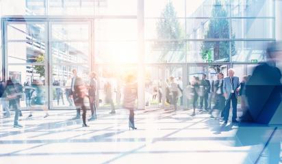 Business people walking and talking in a modern company office. Geometric pattern and skyscrapers foreground. Toned image double exposure mock up blurred- Stock Photo or Stock Video of rcfotostock | RC-Photo-Stock
