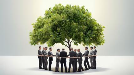 Businessmen encircle a large tree symbolizing unity and sustainability- Stock Photo or Stock Video of rcfotostock | RC Photo Stock