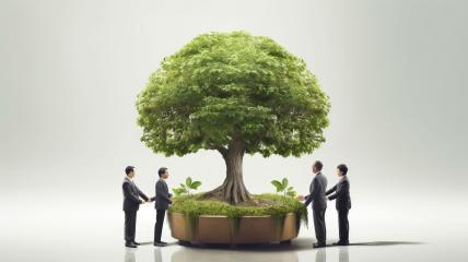 Businessmen standing around a large tree planted in a circular platform.- Stock Photo or Stock Video of rcfotostock | RC Photo Stock