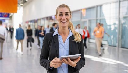 businesswoman at a trade fair with tablet- Stock Photo or Stock Video of rcfotostock | RC Photo Stock