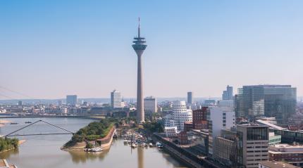 Cityscape of Dusseldorf over the Rhine river at a summer morning- Stock Photo or Stock Video of rcfotostock | RC Photo Stock