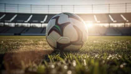 Close up of a soccer ball of the grass in the center of the stadium illuminated by sunlight (Generative AI)- Stock Photo or Stock Video of rcfotostock | RC Photo Stock