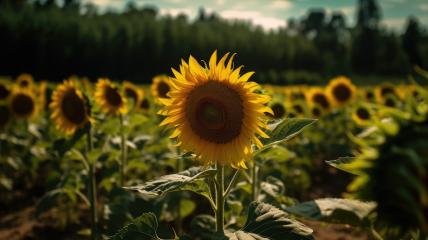 Close-up of a sunflower with a field and trees in the background- Stock Photo or Stock Video of rcfotostock | RC Photo Stock