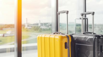 Close-up of a vibrant yellow suitcase and a dark patterned suitcase, both with extended handles, placed by a large airport window with a view of the runway and control tower outside- Stock Photo or Stock Video of rcfotostock | RC Photo Stock