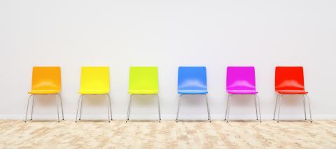 colorful chairs in a row at a waiting room, Job opportunity, Business leadership concept image - 3D rendering- Stock Photo or Stock Video of rcfotostock | RC Photo Stock